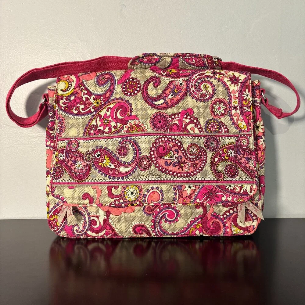 Vera Bradley Paisley Meets Plaid Pink and Gray Quilted Messenger Bag